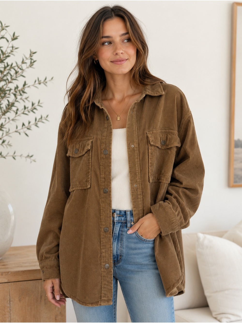 Kensie Corduroy Shacket Women’s Brown Oversized Utility Button Front Jacket